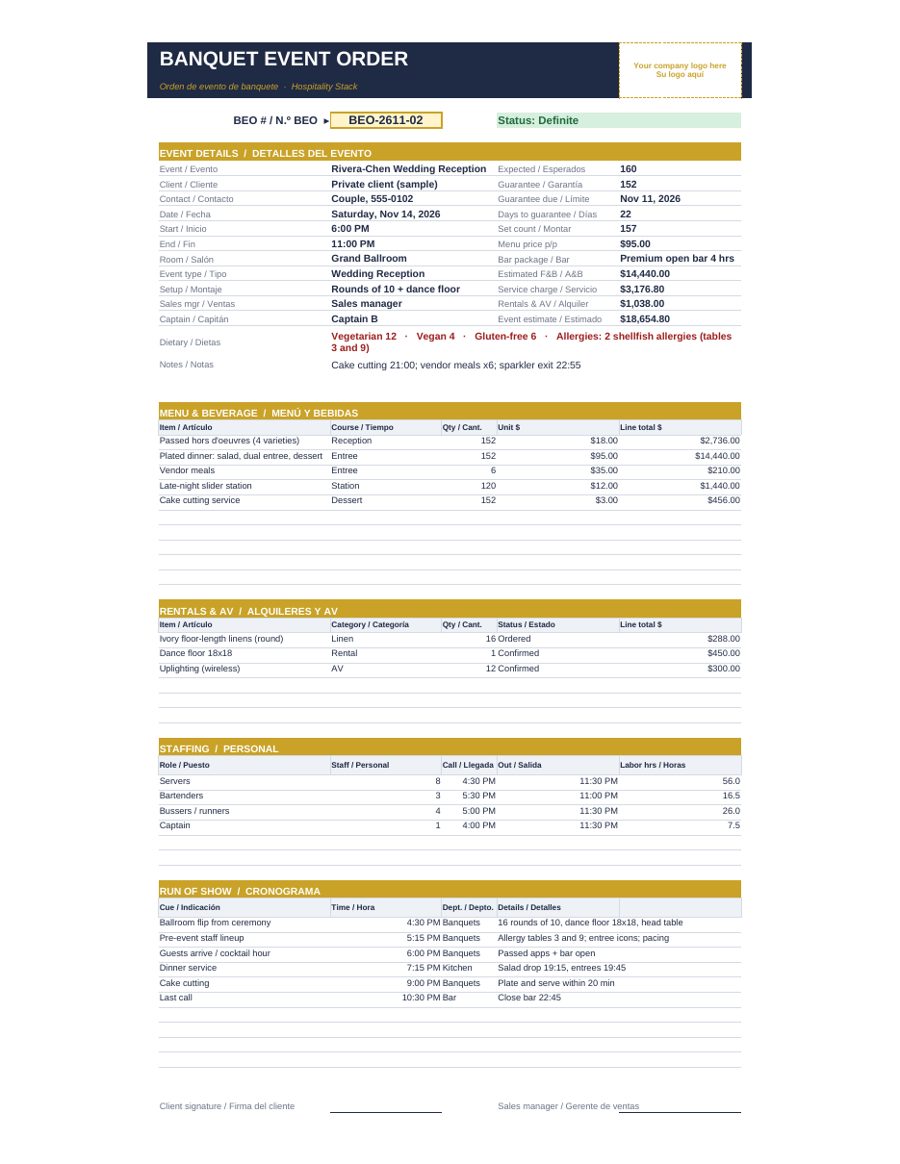 BEO Planner: banquet event order