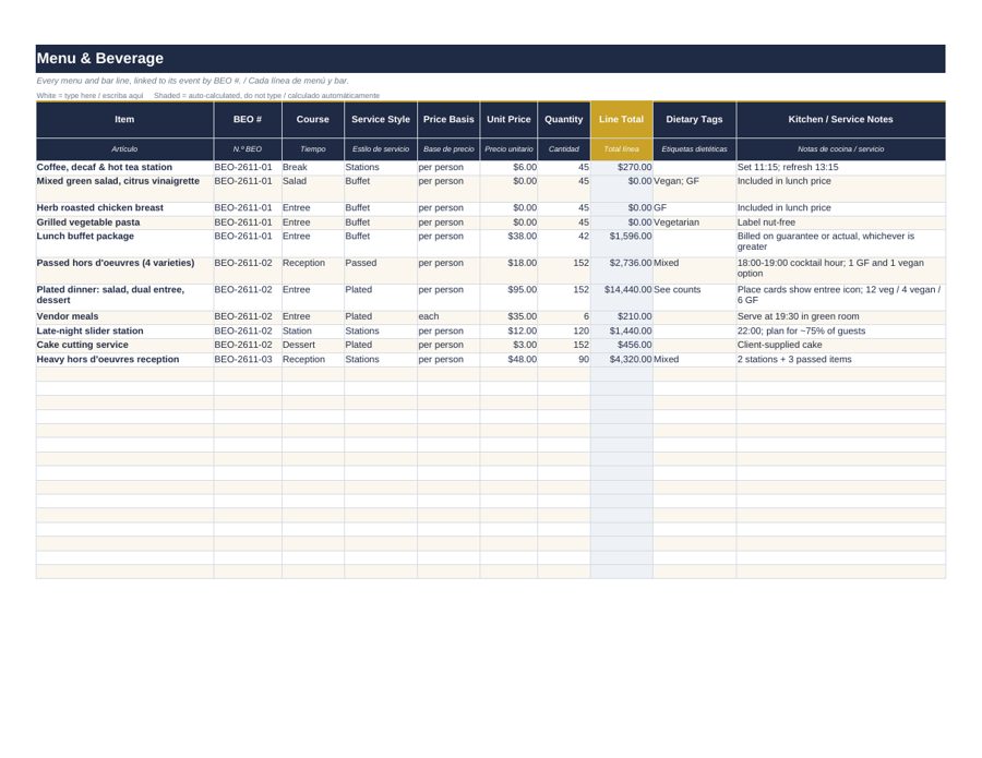 BEO Planner: menu beverage