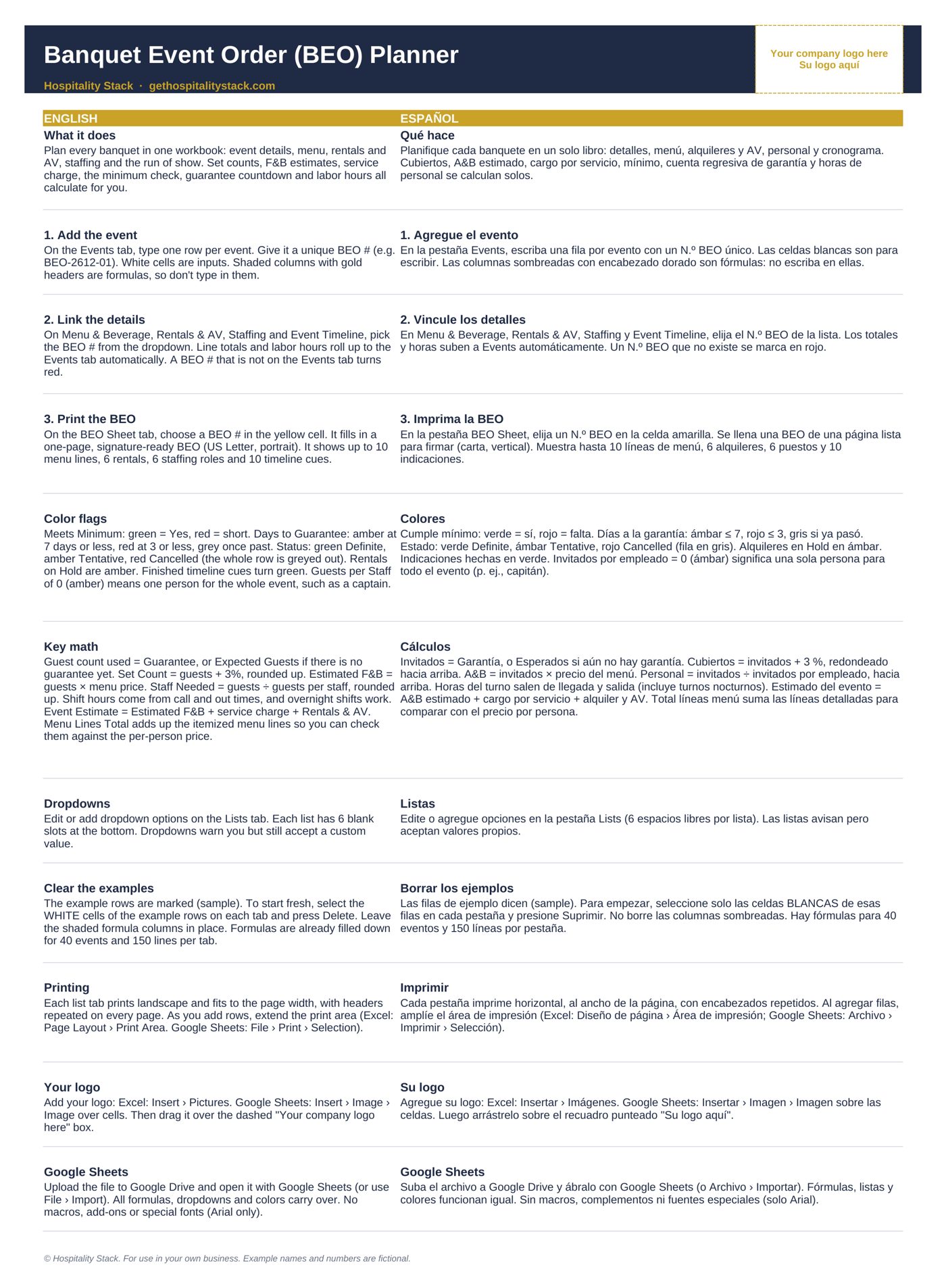 BEO Planner Instructions sheet in English and Spanish