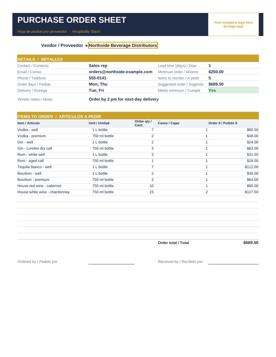 Bar Par Tracker: purchase order sheet