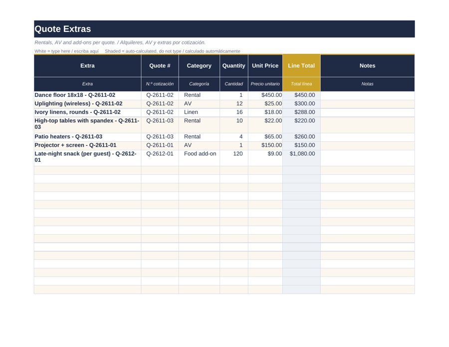 Catering Quote Calculator: quote extras