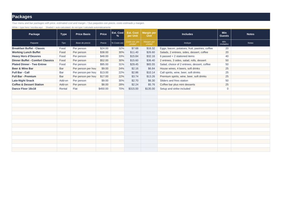 Catering Quote Calculator: packages
