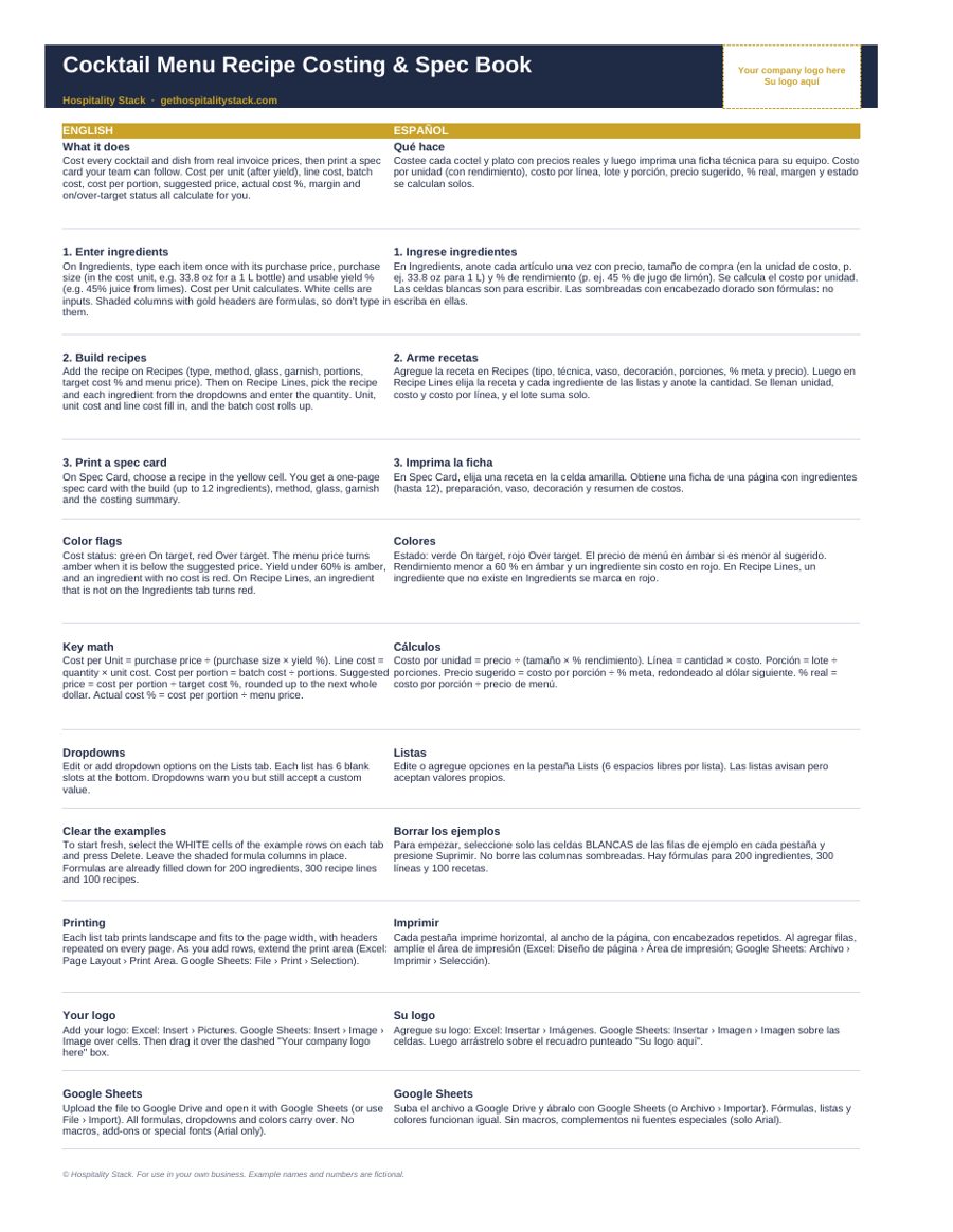 Cocktail Costing & Spec Book: cocktail menu recipe costing s