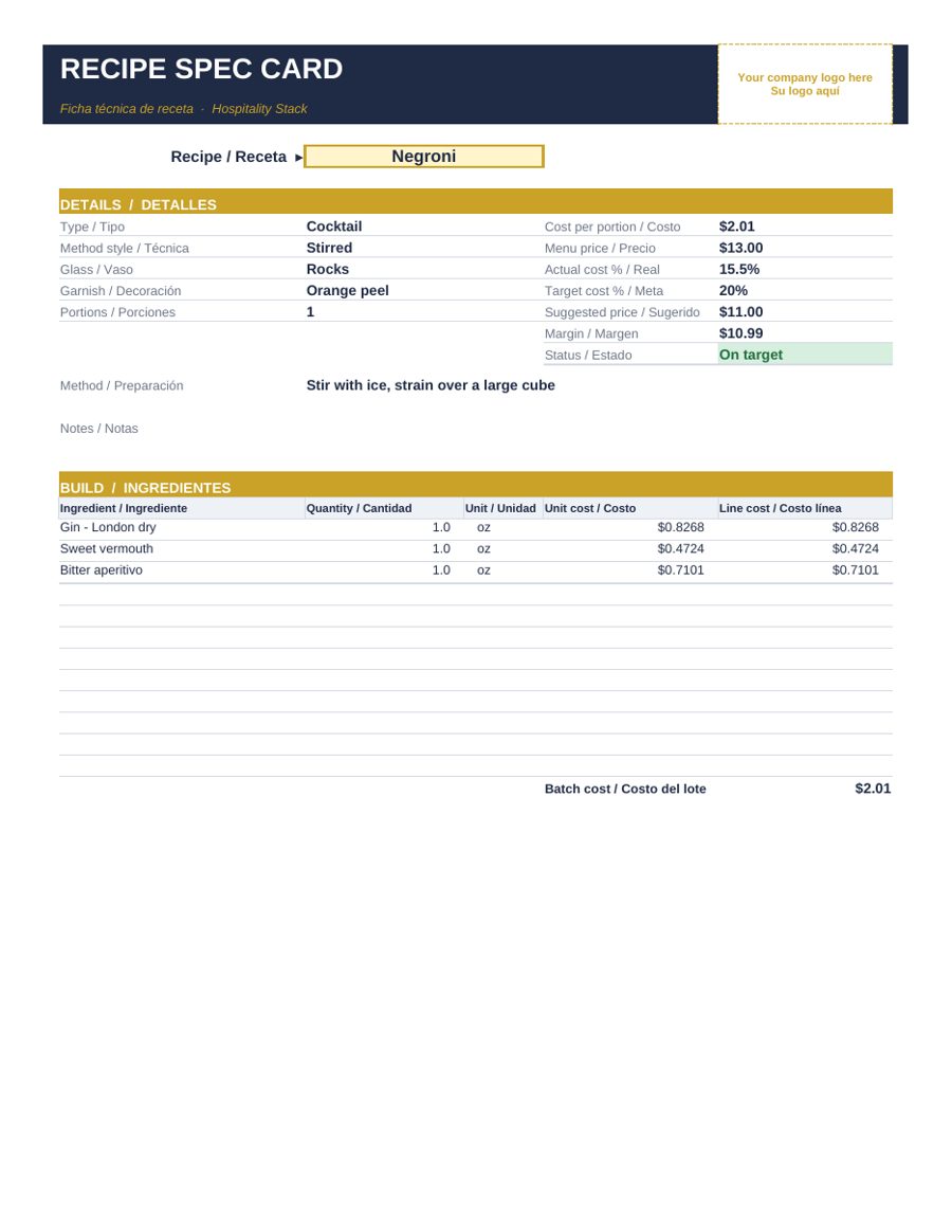 Cocktail Costing & Spec Book: recipe spec card
