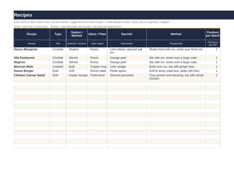 Cocktail Costing & Spec Book: recipes
