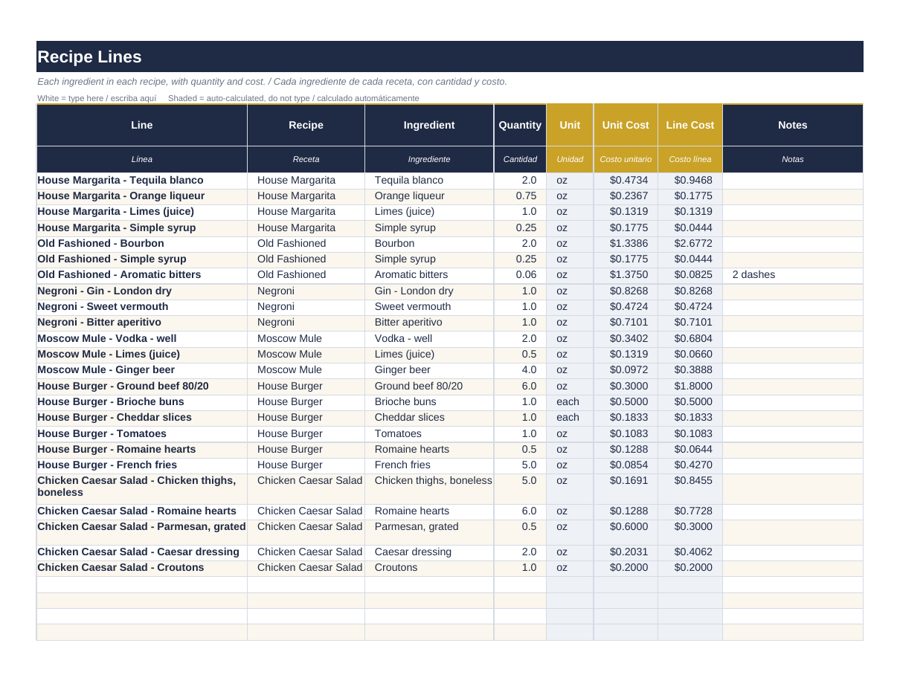 Cocktail Costing & Spec Book: recipe lines