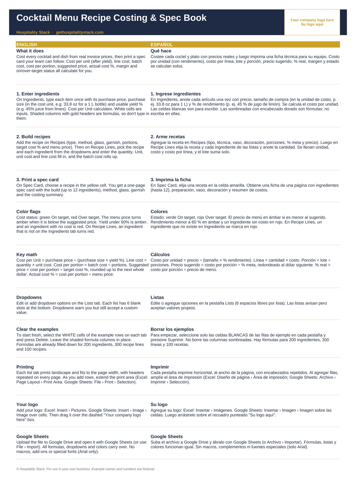 Cocktail Costing & Spec Book Instructions sheet in English and Spanish