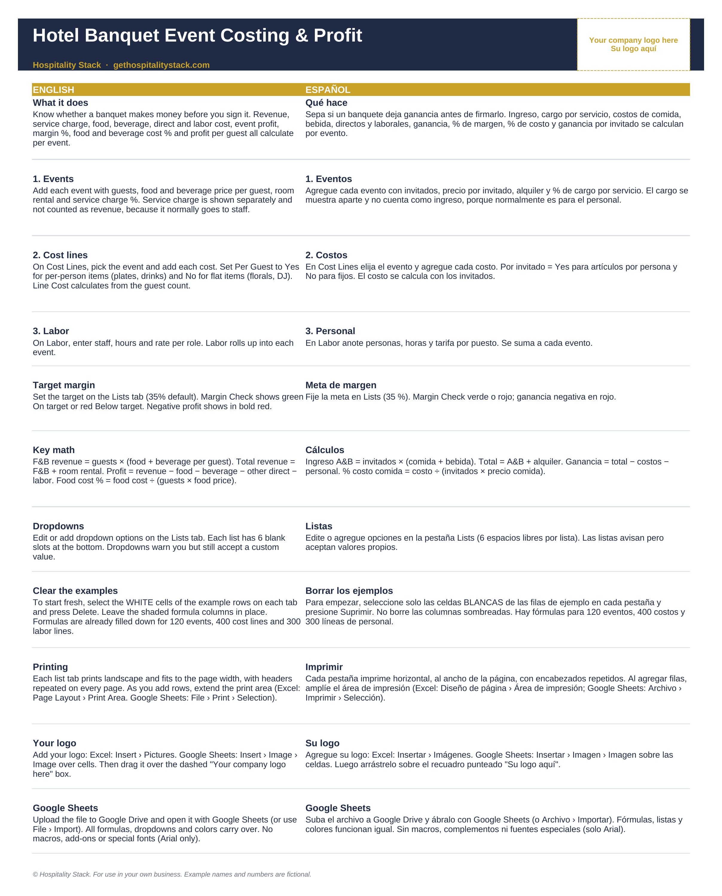 Hotel Banquet Event Costing & Profit Instructions sheet in English and Spanish