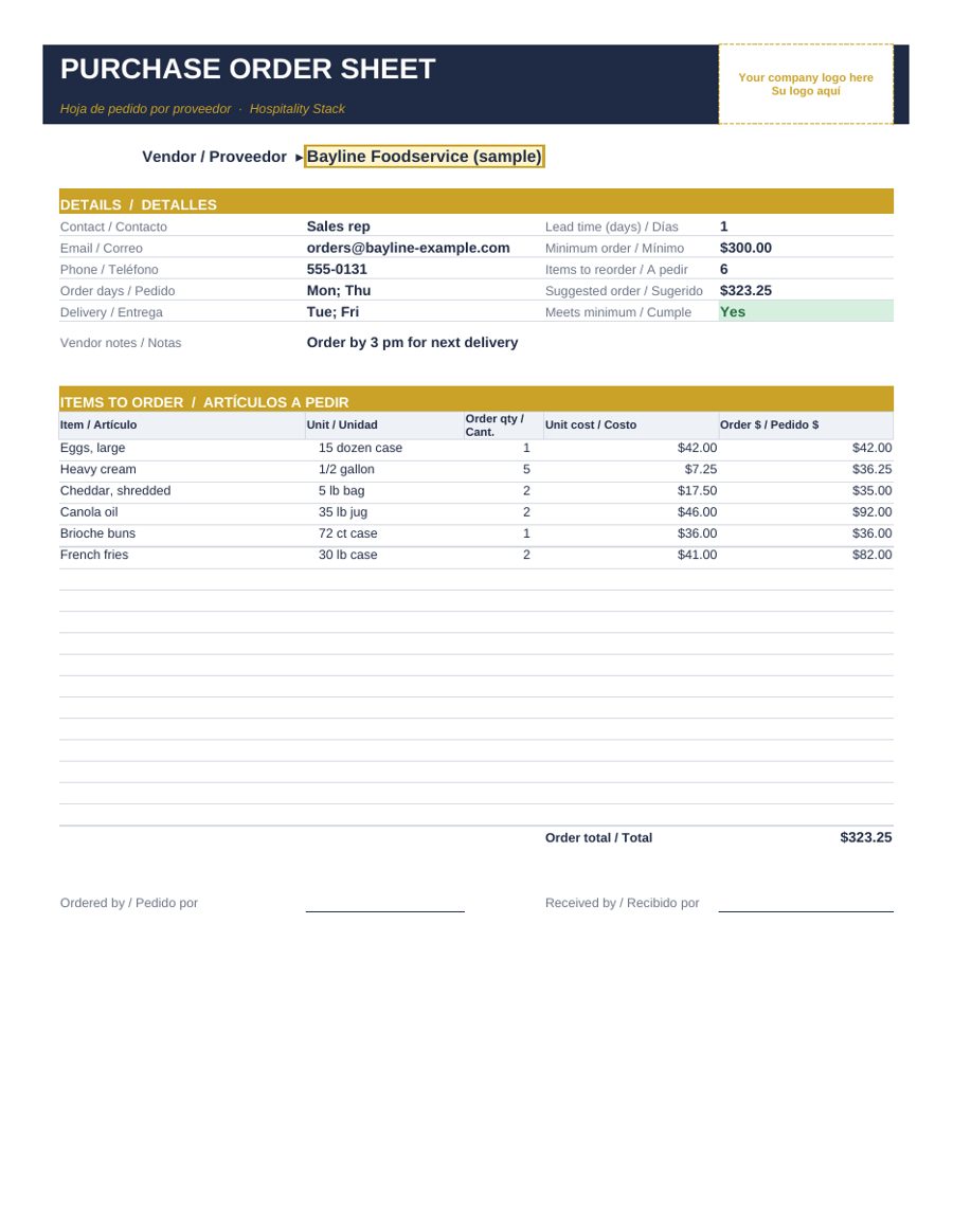 Kitchen Inventory & Prep Par: purchase order sheet